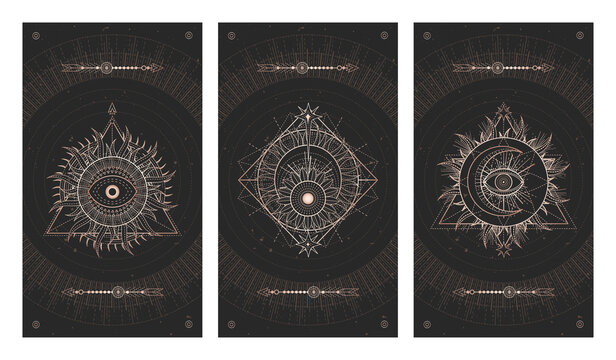 Vector set of three dark illustrations with sacred geometry symbols and grunge textures. Images in black and gold colors. 