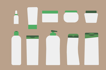 Bottles, containers of shampoos and cosmetics. Set of white plastic containers of lotion and spray.