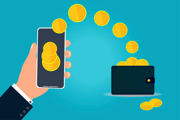 Money in coins from a mobile phone to a wallet. Digital payment transaction in a smartphone.