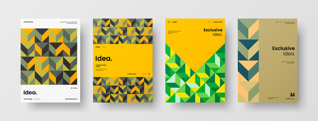 Naklejka premium Company identity brochure template collection. Business presentation vector A4 vertical orientation front page mock up set. Corporate report cover abstract geometric illustration design layout bundle.