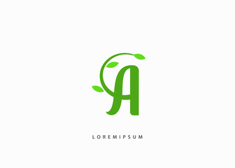 letter A logo template. Initial icon A, and green leaf icon vector