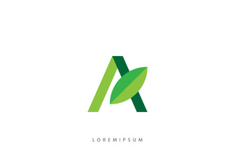 letter A logo template. Initial icon A, and green leaf icon vector
