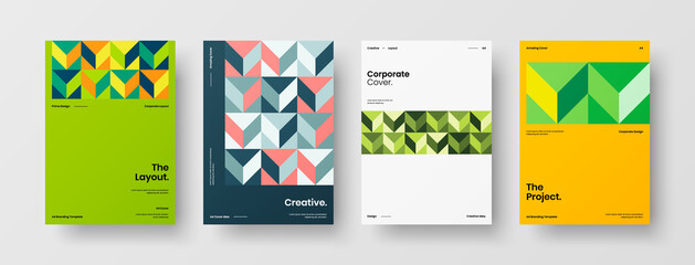 Fototapeta premium Company identity brochure template collection. Business presentation vector A4 vertical orientation front page mock up set. Corporate report cover abstract geometric illustration design layout bundle.