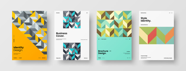 Fototapeta premium Company identity brochure template collection. Business presentation vector A4 vertical orientation front page mock up set. Corporate report cover abstract geometric illustration design layout bundle.