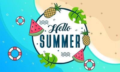 Summer Beach Vector Design in the Seashore with Beach Umbrella and Chair. Summer Background Vector Illustration for Beach Holidays 