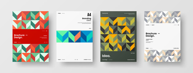 Fototapeta premium Company identity brochure template collection. Business presentation vector A4 vertical orientation front page mock up set. Corporate report cover abstract geometric illustration design layout bundle.