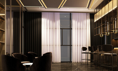 3D rendering of a luxury night lounge bar in a purple light