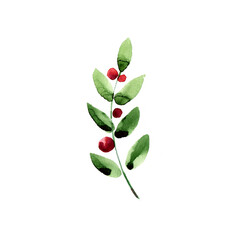 Watercolor one green branch with red berries isolated on white background. Holiday element for banner, festive cards, invitations, blogs, posters and web. Creative minimal vertical illustration.