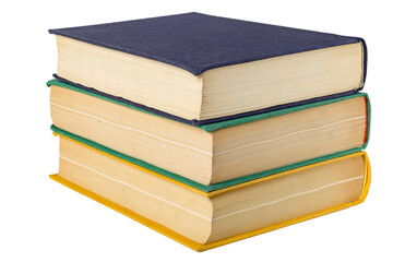 Stack of hardcover books isolated on white background.
