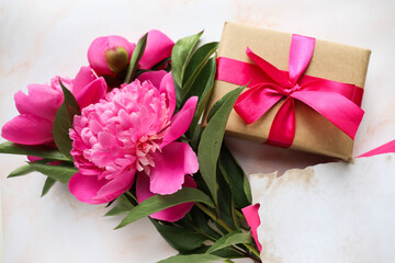 greeting card. beautiful bouquet of pink peonies