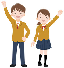 拳を突き上げて喜ぶ高校生男女_線なし