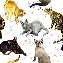 Seamless pattern with cute Kittens. watercolor cat illustration