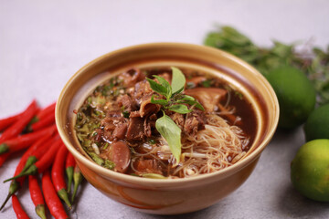 Close up shot of Thailand traditional noodle beef . food thai style.