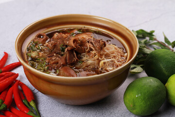 Close up shot of Thailand traditional noodle beef . food thai style.