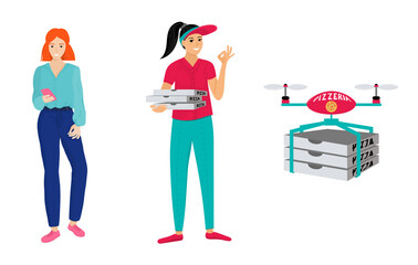 A girl in a pizzeria uniform holds 3 boxes, second girl makes an order through the mobile app. Drone delivers pizza. Character for pizza, delivery, fast food cafe. Design for mobile application