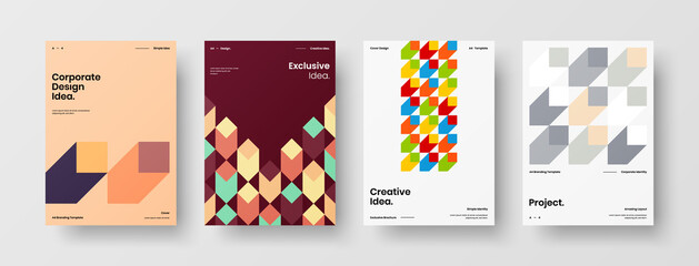 Fototapeta premium Company identity brochure template collection. Business presentation vector A4 vertical orientation front page mock up set. Corporate report cover abstract geometric illustration design layout bundle.