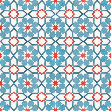 Watercolor hand drawn maroccan tiles seamless pattern.