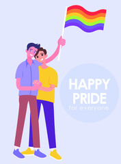 Gay couple holding hands with lgbt-flag. Happy pride for everyone flat vector illustration, banner, poster, card