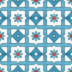 Watercolor hand drawn maroccan tiles seamless pattern. - 353992429