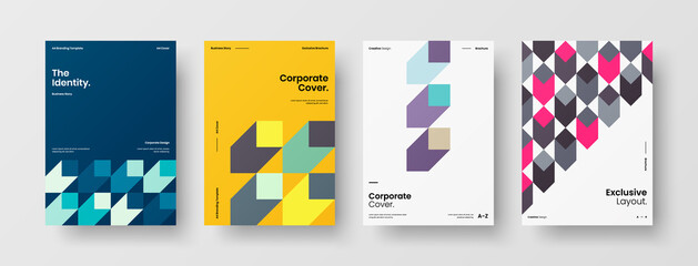 Company identity brochure template collection. Business presentation vector A4 vertical orientation front page mock up set. Corporate report cover abstract geometric illustration design layout bundle.