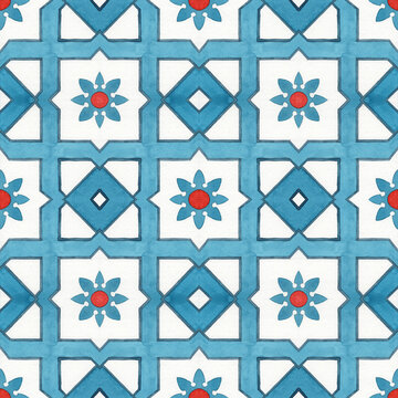 Watercolor hand drawn maroccan tiles seamless pattern.