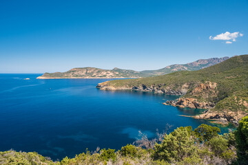 Naklejka na ściany i meble Turquoise Mediterranean on the rocky west coast Corsica