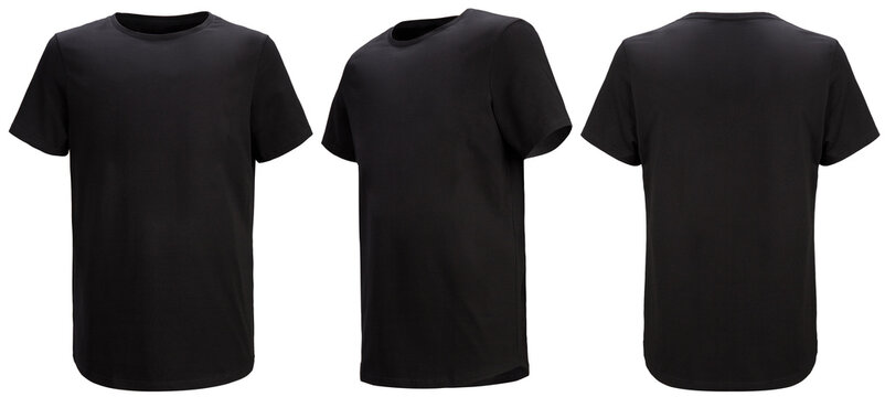 Shirt design and people concept - close up of blank black tshirt front and rear isolated. Mock up template for design print