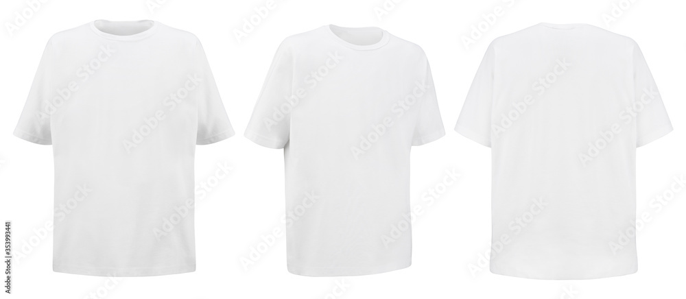 Sticker Front back and 3/4 views of white t-shirt on isolated on white background regular style. Blank t shirt for your logo. - Stickers