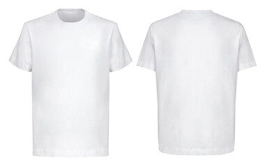 Front and back views of white t-shirt on isolated on white background regular style. Blank t shirt for your logo. - obrazy, fototapety, plakaty
