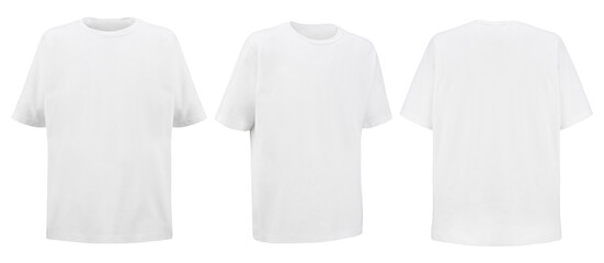 Front back and 3/4 views of white t-shirt on isolated on white background regular style. Blank t shirt for your logo. - obrazy, fototapety, plakaty