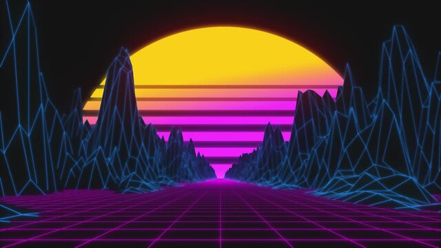 Stylized vintage 3D animation background with mountains and sun. 80s retro futuristic sci-fi seamless loop.