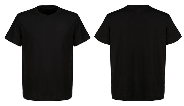 T shirt design and people concept - close up of blank black t-shirt front and rear isolated. Mock up template for design print