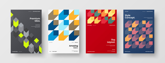 Fototapeta premium Company identity brochure template collection. Business presentation vector A4 vertical orientation front page mock up set. Corporate report cover abstract geometric illustration design layout bundle.