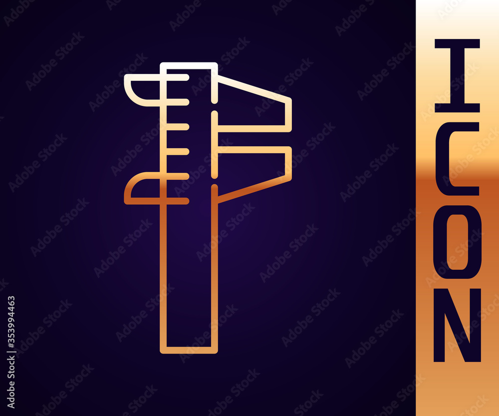 Poster gold line calliper or caliper and scale icon isolated on black background. precision measuring tools