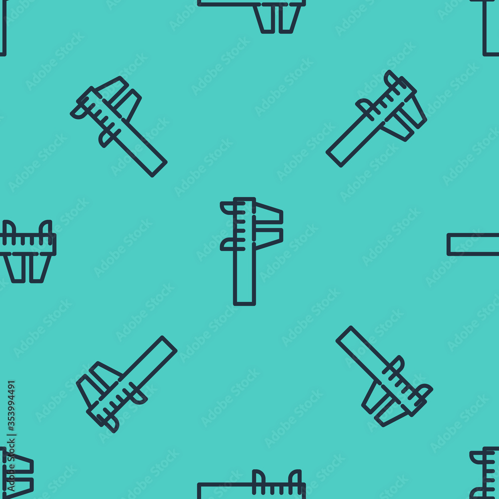 Poster black line calliper or caliper and scale icon isolated seamless pattern on green background. precisi