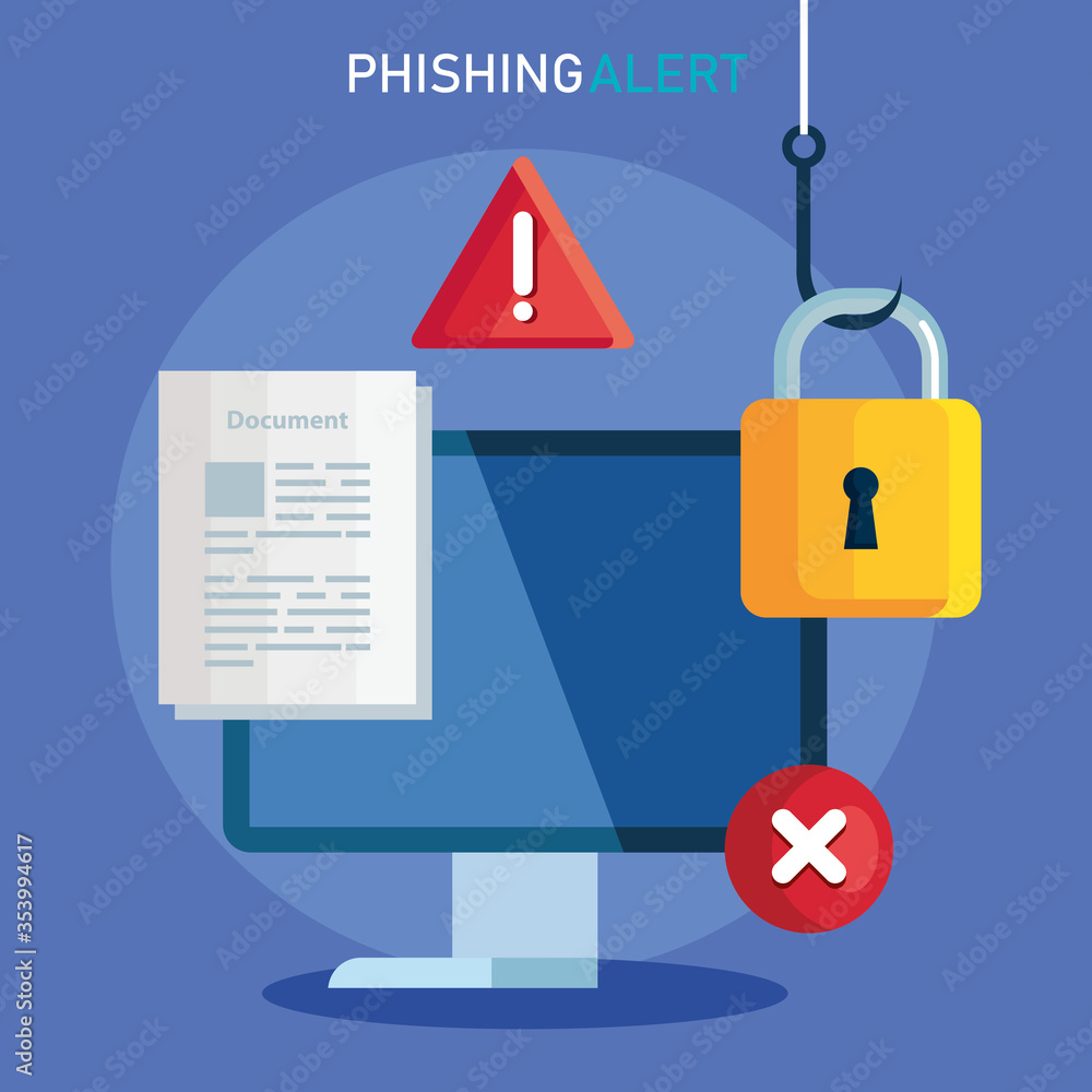 Poster data phishing hacking online scam concept, with computer and icons hook vector illustration design