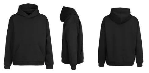 Tuinposter Blank black hoodie template. Hoodie sweatshirt long sleeve with clipping path, hoody for design mockup for print, isolated on white background. © alexeysulima11