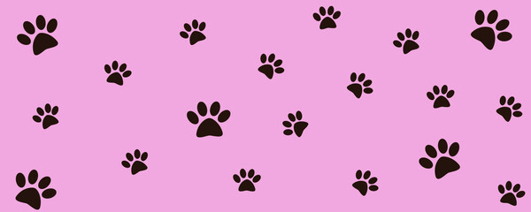 Track of cat dog tracks, footprint, design. Footprints of cat or dog on pink background
