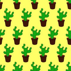 Seamless pattern with  cactus on a yellow background. Vector.