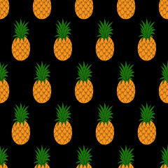 Seamless pattern with pineapples on a black background. Vector illustration.