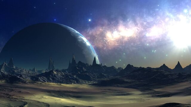 Blue Planet over Alien Mountains. A huge planet revolves over a rocky desert. In the dark sky, bright stars and nebulae. The bright sun sets quickly and everything plunges into darkness.