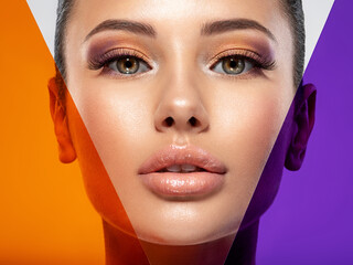 Beautiful white girl with bright eye-makeup. Beautiful fashion woman with  a colored  items.  ...