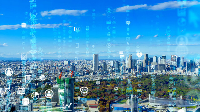 Smart city and communication network concept. 5G. IoT (Internet of Things). Telecommunication.