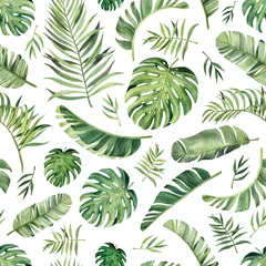 Tapeten Botanischer Druck Muster mit tropischen Blättern des schönen Aquarells. Tropen. Realistische tropische Blätter.