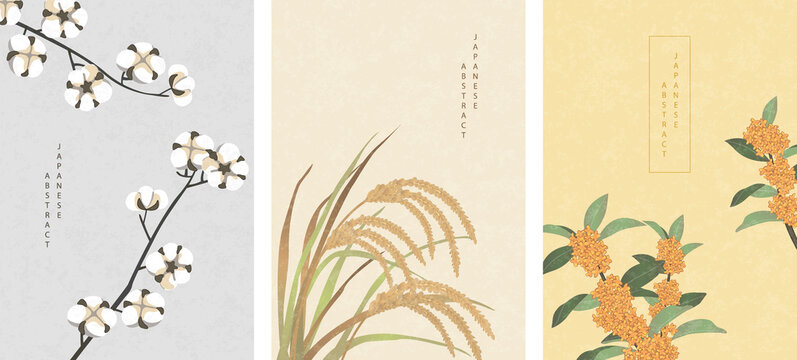 Oriental Japanese style abstract pattern background design nature plant cotton ear of rice and Osmanthus flowers
