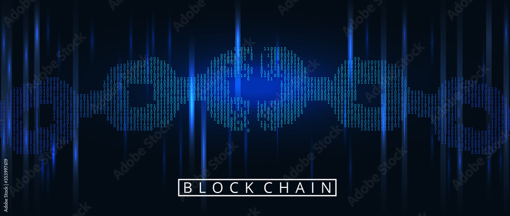 Poster blockchain digital illuminated shape. chain shape in code matrix background. disconected torn chain 
