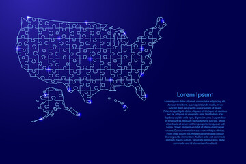  United States of America, USA map from blue pattern composed puzzles and glowing space stars. Vector illustration.