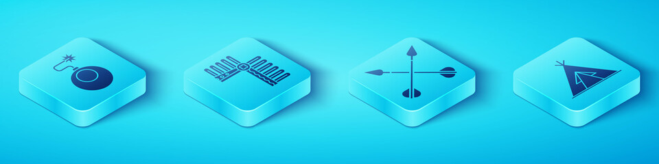 Set Isometric Bomb ready to explode, Indian headdress with feathers, Indian teepee or wigwam and Crossed arrows icon. Vector. © Vadim