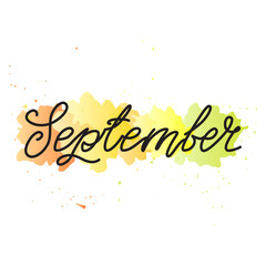 September. Illustration of handwritten winter month name on a watercolor background. Can be used for calendar, invitation or t-shirt print. Vector 8 EPS.
