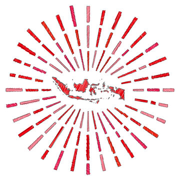 Sketch map of Indonesia. Sunburst around the country in flag colors. Hand drawn Indonesia shape with sun rays on white background. Vector illustration.